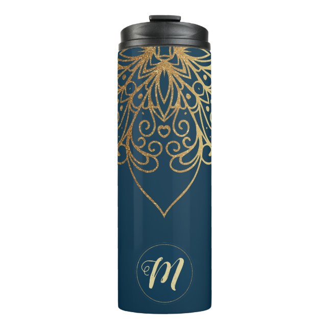 Bouteilles Isothermes Mandala Gold Damask Patte & Monogramme (Devant)