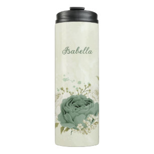 Bouteilles Isothermes mariage fleurs vert sauge et blanc