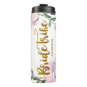 Bouteilles Isothermes Mariée Tribe Floral et Faux Gold avec nom