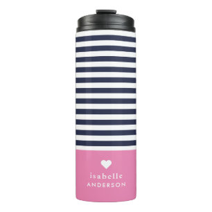 Bouteilles Isothermes Marine Bleu et rose Chic rayures Coeur Monogramme