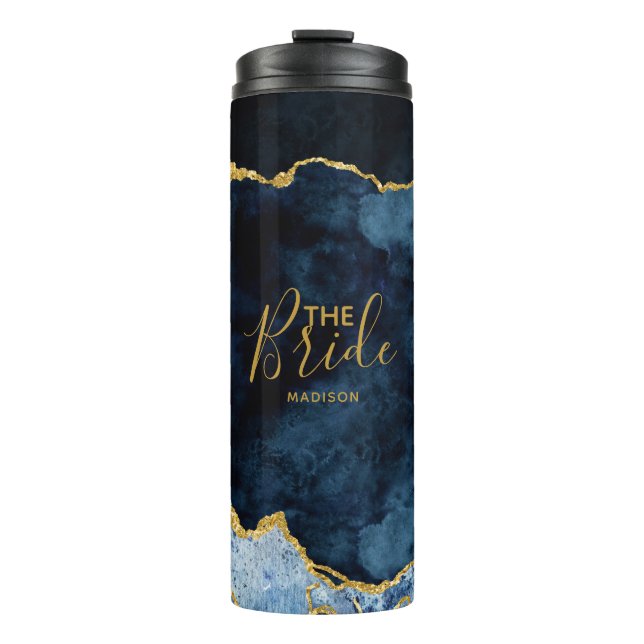 Bouteilles Isothermes Marine Blue & Gold Foil Agate Marbre la mariée (Devant)