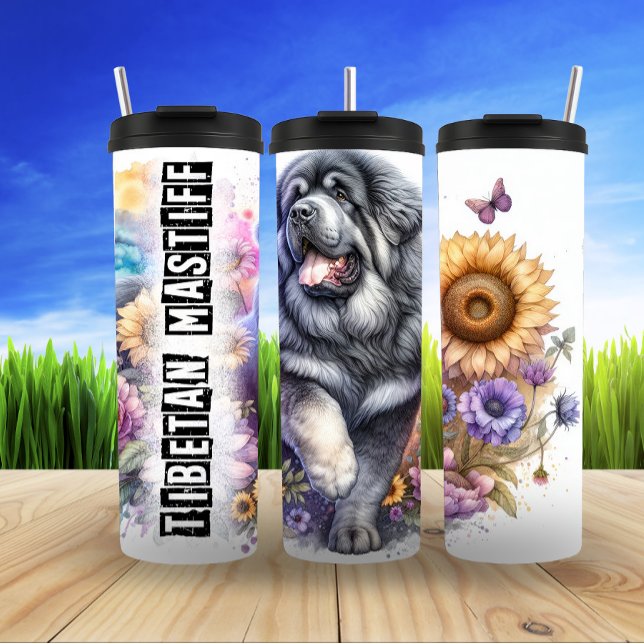 Bouteilles Isothermes Mastiff tibétain parmi les fleurs et les papillons (Créateur téléchargé)