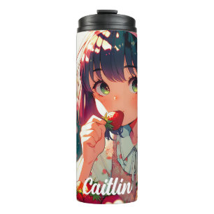 Bouteilles Isothermes Mignonne Anime Girl Mange des fraises   Jour d'été
