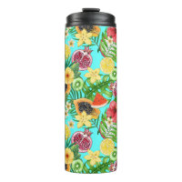 Mix-fruit tropical, fleurs et feuilles en bleu