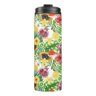 Bouteilles Isothermes Mix-fruit tropical, fleurs et feuilles sur blanc