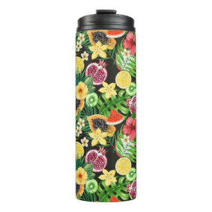 Bouteilles Isothermes Mix-fruits tropicaux, fleurs et feuilles en noir