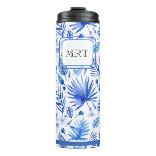 Bouteilles Isothermes Monogram Cobalt Blue Tropical Leaves Pattern 11oz