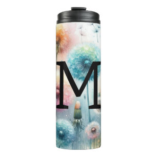 Bouteilles Isothermes Monogramme aquarelle florale pissenlits roses bleu
