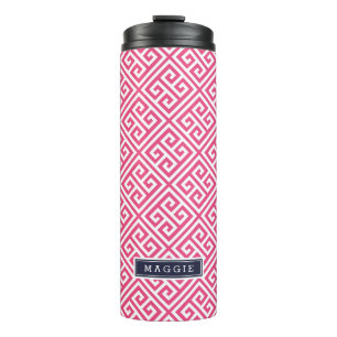 Bouteilles Isothermes Monogramme de clé bleu marine et rose grecque