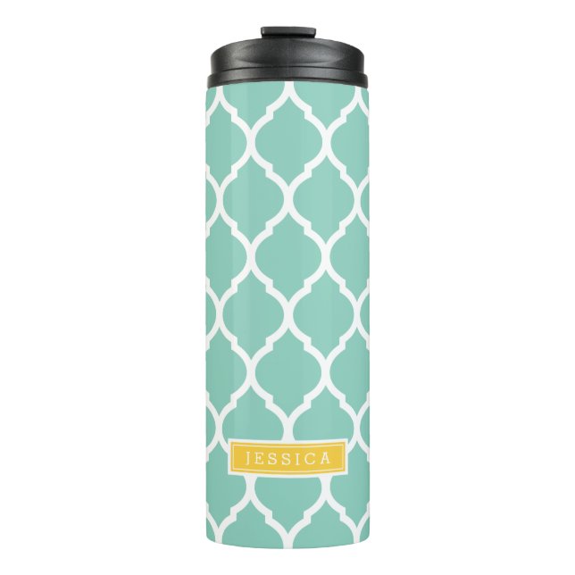 Bouteilles Isothermes Monogramme de Quatrefoil Aqua et Yellow Marocain (Devant)