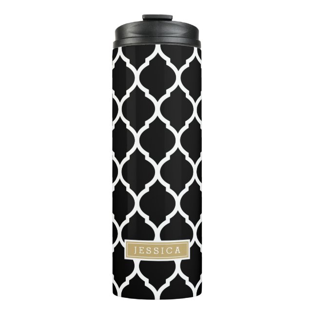 Bouteilles Isothermes Monogramme de Quatrefoil marocain noir et or (Devant)