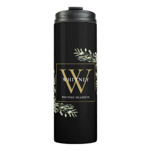 Bouteilles Isothermes Monogramme d'or Élégant vert moderne Noir