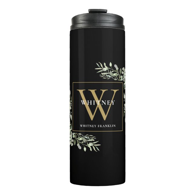 Bouteilles Isothermes Monogramme d'or Élégant vert moderne Noir (Devant)