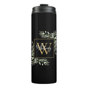 Bouteilles Isothermes Monogramme d'or noir personnalisé Vert Floral