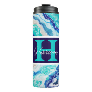 Bouteilles Isothermes Monogramme en marbre bleu et turquoise Nom plage