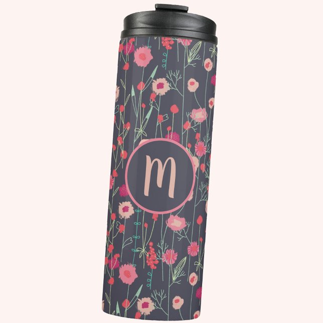 Bouteilles Isothermes Monogramme floral foncé (Boho floral pink and charcoal gray personalized monogram thermal tumbler)