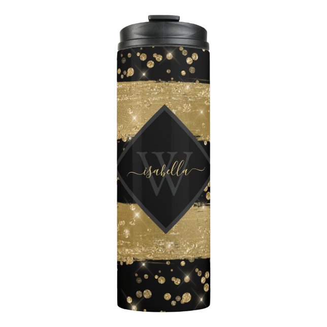 Bouteilles Isothermes Monogramme Girly moderne Black Gold Parties scinti (Devant)