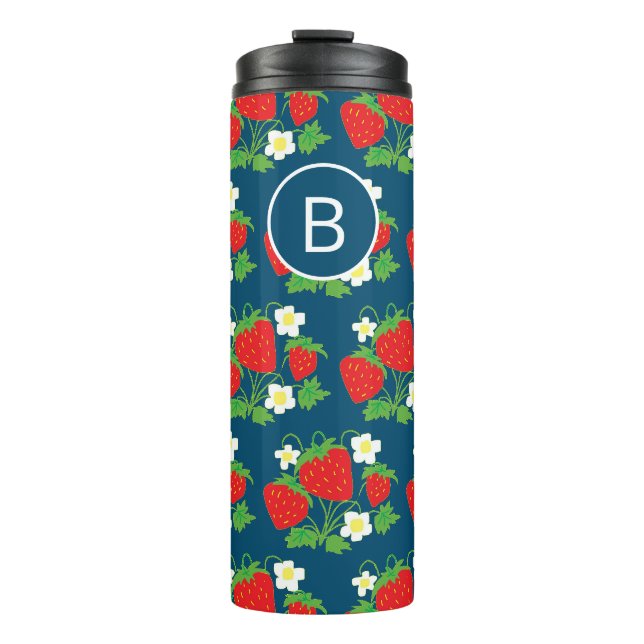 Bouteilles Isothermes Monogramme motif bleu fraise et fleur (Devant)