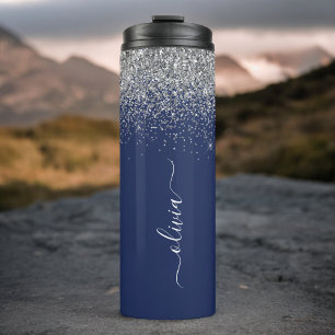 Bouteilles Isothermes Monogramme Nom Paillettes Bleu Marine Argenté Fémi