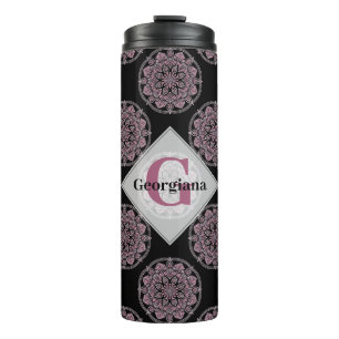 Bouteilles Isothermes Monogramme Pink Floral Fronds Polka Dot Mandala