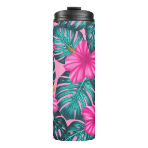 Bouteilles Isothermes Monstera Feuilles et Hibiscus, Turquoise et rose