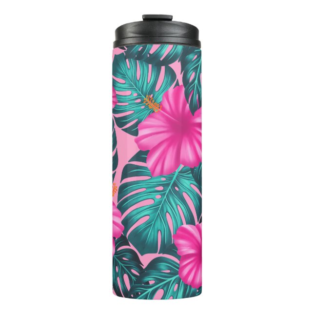 Bouteilles Isothermes Monstera Feuilles et Hibiscus, Turquoise et rose (Devant)