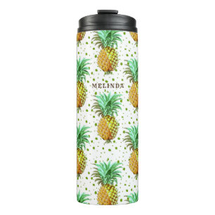 Bouteilles Isothermes Motif d'ananas jaune et or vert.