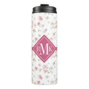 Bouteilles Isothermes Motif de fleur rose mou d'aquarelle du monogramme