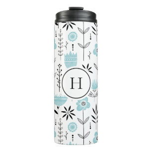 Bouteilles Isothermes Motif floral scandinave bleu Monogramme