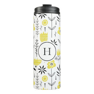 Bouteilles Isothermes Motif floral scandinave jaune Monogramme