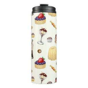 Bouteilles Isothermes Motif sucré avec des desserts variés.