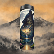 Mystical Wolf Howling at Moon Surreal