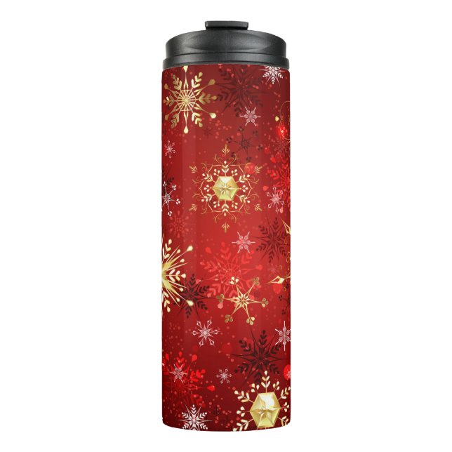 Bouteilles Isothermes Noël Golden Snowflakes sur Arrière - plan rouge (Devant)