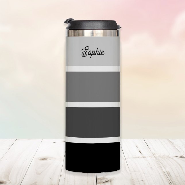 Bouteilles Isothermes Noir et gris | Ombre Stripes avec Script Fleece (A stylish tumbler with neutral black and gray ombre stripes)
