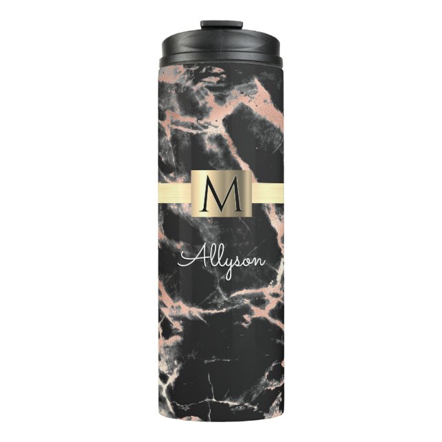 Bouteilles Isothermes Noir & Rose Gold Marble Boîte, Nom & Monogramme (Devant)