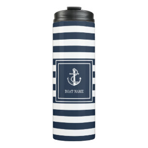 Bouteilles Isothermes Nom du bateau rayure bleu marine ancre nautique