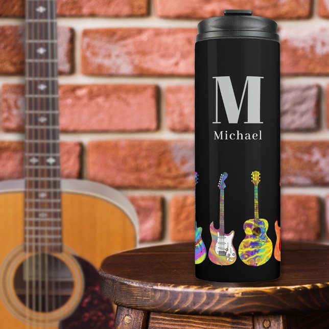 Bouteilles Isothermes Nom du Motif de guitare (Guitar pattern custom monogram black thermal tumbler with funky psychedelic pop art guitars )
