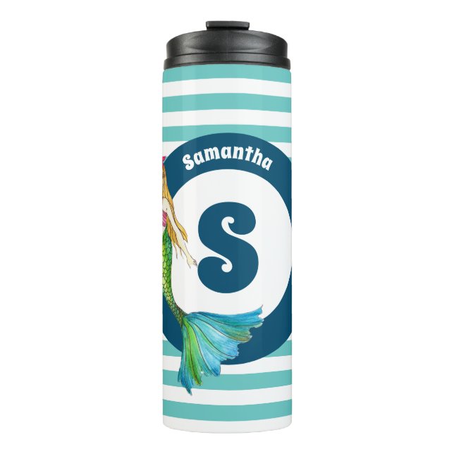 Bouteilles Isothermes Nom Monogramme Belle Sirène Turquoise Stripes (Devant)