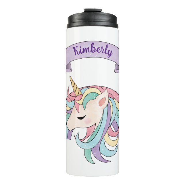 Bouteilles Isothermes Nom personnalisé Cute Pastel Unicorn & Sparkly Rai (Devant)