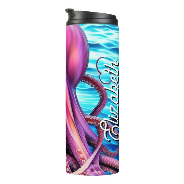 Bouteilles Isothermes Nom personnalisé Pink Octopus Blue Ocean Wave (Tourné sur la droite)