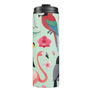 Bouteilles Isothermes Oiseaux tropicaux, fleurs, motif d'aquarelle.