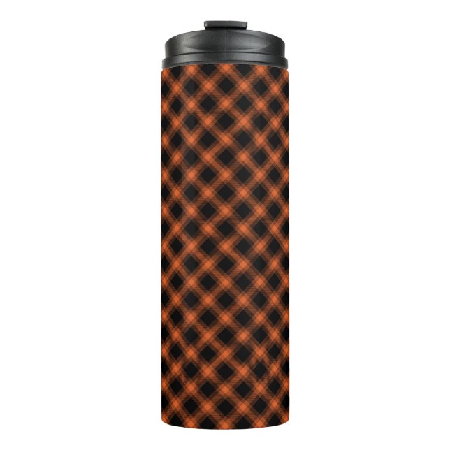 BOUTEILLES ISOTHERMES ORANGE D'AUTOMNE & MOTIFS PLAID DE DIAGONAL NOIR (Devant)