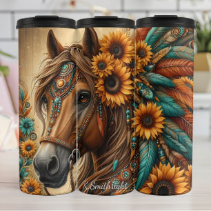 Bouteilles Isothermes Ornement de cheval floral au tournesol et plume