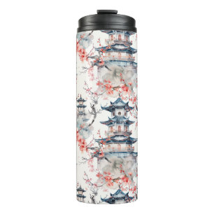 Bouteilles Isothermes Pagode chinoise aquarelle aux fleurs de cerisiers 