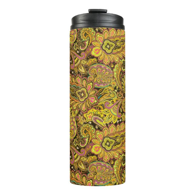 Bouteilles Isothermes Paisley Motif in Yellow, Brown on Black Background (Devant)