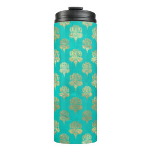 Bouteilles Isothermes Paon Grunge Damassé Turquoise et Or