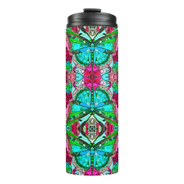 Bouteilles Isothermes Papillon et Motif Batik de Médaillon en Turquoise (Devant)