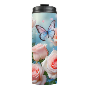Bouteilles Isothermes Papillon Sur Fleur Rose