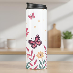 Bouteilles Isothermes Papillons aux tulipes roses et marguerites jaunes