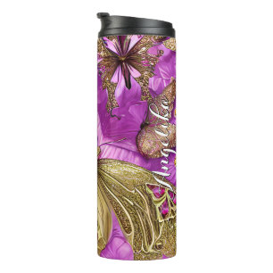 Bouteilles Isothermes Papillons d'or Fleurs roses Nom personnalisé